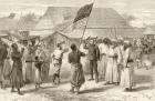 Stanley meets with Livingstone at Ujiji on the shores of Lake Tanganyika on 19th November 1871, 1872 (litho)