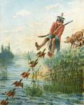 Baron Munchausen catching ducks with bacon fat, from 'The Adventures of Baron Munchausen' by Rudolf Erich Raspe (1736-94) published c.1886 (colour litho)
