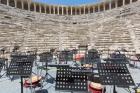 Aspendos, Antalaya Province, Turkey. The Roman theatre which is still in use. Orchestral equipment on stage in preparation for a performance.