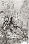 Pip's struggle with the escaped convict. "The man took me by both arms, and tilted me back as far as he could hold me, so that his eyes looked most powerfully down into mine." Illustration by Harry Furniss for the Charles Dickens novel Great Expectations,