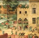 Children's Games (Kinderspiele): detail of top left-hand corner showing children spinning tops and playing bowls, 1560 (oil on panel) (detail of 68945)