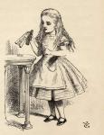 Alice peering at the Drink Me bottle, from 'Alice's Adventures in Wonderland' by Lewis Carroll, published 1891 (litho)