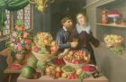 Man and Woman Before a Table Laid with Fruits and Vegetables