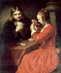 A Young Man and a Girl Playing Cards (oil on canvas)