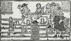 Boardgame and drinking at tavern (woodcut)