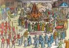 The Burning of the Remains of Martin Bucer (1491-1551) and Paul Fagius (1504-49) on Market Hill in Cambridge in 1557, from 'Acts and Monuments' by John Foxe (1516-87) 1563 (woodcut) (later colouration)