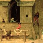Children's Games (Kinderspiele): detail of a boy on stilts and children playing in the stocks, 1560 (oil on panel) (detail of 68945)