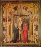 Christ on the Cross, with the Virgin Mary and Saint John under an archway with Gothic tracery leading to a church, central panel from the Redemption Triptych, c.1460 (oil on panel)