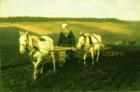 The writer Lev Nikolaevich Tolstoy ploughing with horses, 1889 (oil on canvas)