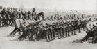 Russian infantry regiment marching in fighting kit during World War I, from 'The Illustrated War News', 1914 (b/w photo)