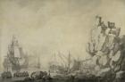 Ships and militia by a rocky shore, c.1680 (pen & ink on prepared canvas)