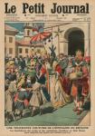 A touching Epiphany custom in Spain, the benefactors of schools and orphanages dressed up as Magi giving toys to poor children, front cover illustration from 'Le Petit Journal', supplement illustre, 11th January 1914 (colour litho)