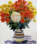 Chrysanthemums in a patterned jug, 2005 (w/c on paper)