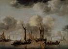 A Dutch Yacht Firing a Salute as a Barge Pulls Away, 1650 (oil on panel)
