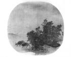 Landscape with water buffalo, Song Dynasty (960-1279) (painted silk) (b/w photo)