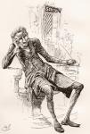 The Schoolmaster. " He was a pale, simple looking man, of a spare and meagre habit, and sat smoking his pipe in the little porch before his door." Illustration by Harry Furniss for the Charles Dickens novel The Old Curiosity Shop, from The Testimonial Edi