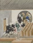 Turbanned Dutch VOC merchants smell tea for quality in a Canton (Guangzhou) tea warehouse, c.1770 (gouache on paper)