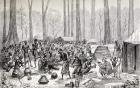 Scouts serving out milk and butter for broth to starving Pygmy natives, 1890 (wood engraving)