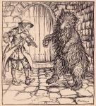 When the bear heard the music he could not help beginning to dance. Illustration by Arthur Rackham from Grimm's Fairy Tale, The Cunning Little Tailor.