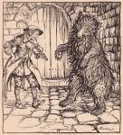 When the bear heard the music he could not help beginning to dance. Illustration by Arthur Rackham from Grimm's Fairy Tale, The Cunning Little Tailor.