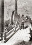 Unwinding the Dover to Calais submarine cable aboard the Blazer, 25 December 1851, from Les Merveilles de la Science, published c.1870 (engraving)