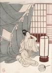 Young woman kneeling by her mosquito net, 1766 (colour woodblock print)