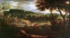 Louis XIV (1638-1715) Hunting at Marly with a a View of Chateau Vieux de Saint Germain (oil on canvas)