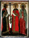 Icon depicting SS. Constantine, Helena and Agatha, Novgorod School, c.1500 (oil on panel)