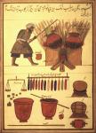 An Arab dyer dyeing cloth and the tools of his trade (ink on vellum)
