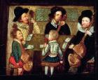 Musicians at Wadley House, detail from The Life and Death of Sir Henry Unton (1557-96), c.1596 (oil on panel) (see also 99909)