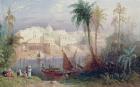 A View of an Indian city beside a river, with boats on the river and figures in the foreground