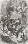 A Dayak native from Borneo fighting with an orangutan, from 'El Mundo en la Mano', published 1878 (litho)