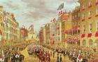 Wedding Procession of Edward, Prince of Wales and Princess Alexandra Driving through the City at Temple Bar, 7th March 1863, illustration from 'Memorial of the Marriage of Albert Edward, Prince of Wales' by Russell (chromolitho)