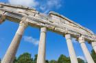 Apollonia, or Apoloni, Fier Region, Albania. Ancient Greek city founded in the 6th century BC which became one of Rome's most important Albanian cities. Detail of reconstructed section of the Monument to the Agonothetes, (superintendent of sacred games) a