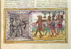 Codex Duran: Pedro de Alvarado (c.1485-1541) companion-at-arms of Hernando Cortes (1485-1547) besieged by Aztec warriors (vellum)
