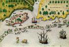 The Arrival of the English in Virginia, from 'Admiranda Narratio..', 1585-88 (coloured engraving)