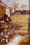 View from the Cottage Window,Logs stored for winter, 1987, oil on canvas board