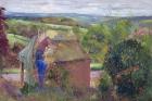 Thatching the Summer House, Lanhydrock House, Cornwall, 1993 (oil on canvas)