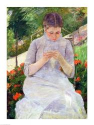 Young Woman Sewing in the garden | Obraz na stenu