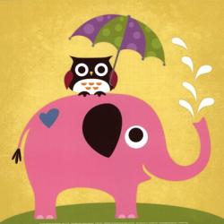 Elephant and Owl with Umbrella | Obraz na stenu