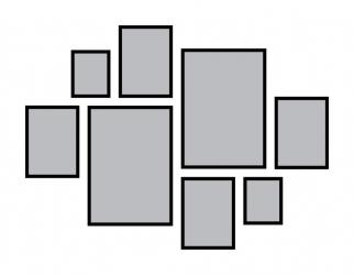 9. Kompozícia rámov - 2x čierny obdĺžnikový rám, 52x73 cm, 4x čierny obdĺžnikový rám, 33x44cm, 2x čierny obdĺžnikový ram, 24x29 cm 185x136 cm