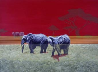 Elephants With Red Sky | Obraz na stenu