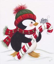 Penguin With Mouse On A Candy Cane | Obraz na stenu