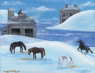 Horses In Snow By River Folk Art | Obraz na stenu