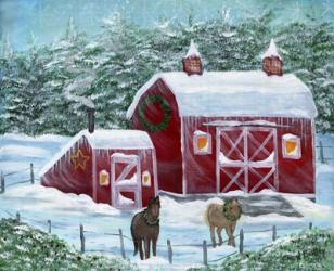 Winter Horses by Red Barn | Obraz na stenu