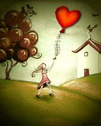 Girl Flying a Heart Balloon | Obraz na stenu