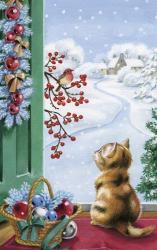 Christmas Kitten Watching Bird and Berries | Obraz na stenu