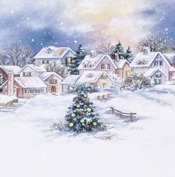 Christmas Tree In Snowy Village | Obraz na stenu