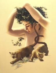 Girl, Two cougars | Obraz na stenu