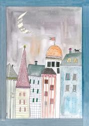 Fantasy Cityscape With Cat On Roof | Obraz na stenu